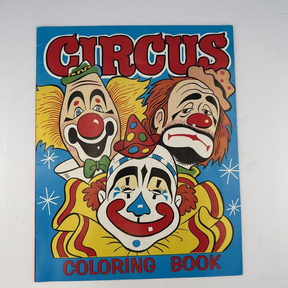 Vintage circus-themed coloring book with colorful clown illustrations/Ephemera